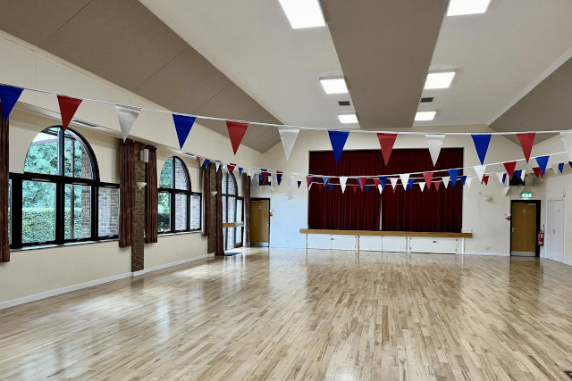 Uplyme Village Hall bunting for village fete Uplyme Village Hall set up with bunting for the village fete