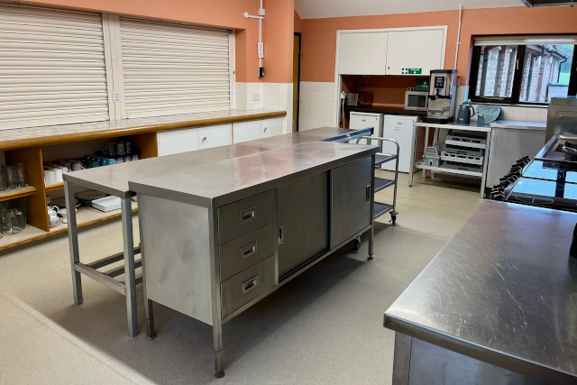 Uplyme Village Hall kitchen with shutters lowered Uplyme Village Hall's kitchen with shutters lowered