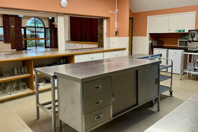 Uplyme Village Hall kitchen with shutters raised Uplyme Village Hall's kitchen with shutters raised